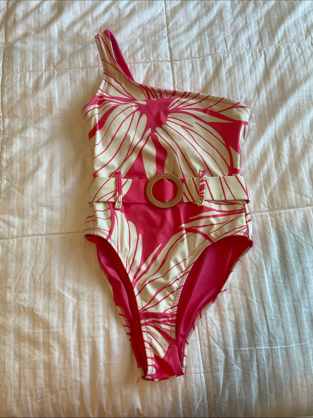 Hutch Pink & Cream One-Shoulder Belted Swimsuit
